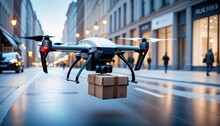 A Quadcopter Drone Flies Low Over A City Street At Twilight, Carrying A Small Package For Delivery, Highlighting Advancements In Autonomous Transportation.. AI Generation
