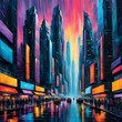 Immerse yourself in the diverse and creative world of a 3D abstract cyberpunk city, rendered with the vivid colors 