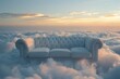 Cozy large sofa couch with bedside table and lamp soft white fluffy linen and filler like clouds are shrouded in a bedroom. The concept of sweet sound sleep at home.
