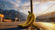 Giant bananas in the foreground on an urban street at sunrise with mountains in the background