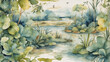 Watercolor pattern wallpaper capturing a lush wetlands habitat.