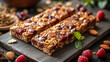 Granola bar with nuts, chocolate and dry fruit berries