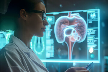 Aufkleber - A woman is looking at a computer monitor displaying a medical image of a woman's kidneys. The image is in black and white and he is a CT scan. The woman is wearing a lab coat