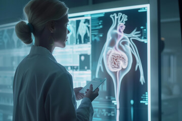 Aufkleber - A woman is looking at a computer monitor displaying a medical image of a woman's kidneys. The image is in black and white and he is a CT scan. The woman is wearing a lab coat