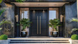 Main door to the luxury house with spring decoration, beautiful elegant entrance to the house, modern and elegant door, Summer time, Mockup	