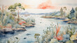 Watercolor pattern wallpaper featuring an estuarine ecosystem.