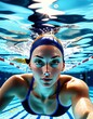 A female swimmer underwater, making eye contact with the camera, displaying focus during her swim.. AI Generation