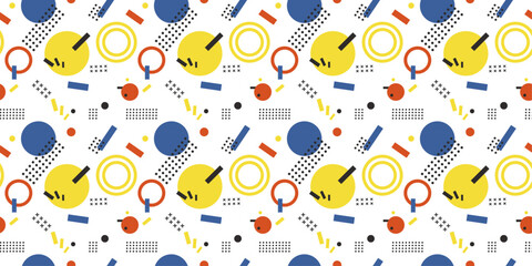 Fototapete - Repeating Memphis pattern. Vector geometric memphis made from colored shapes.