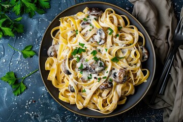 Wall Mural - A plate of pasta with mushrooms and cheese. The pasta is covered in a creamy sauce and garnished with parsley. The dish looks delicious and inviting