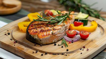 Wall Mural - Grilled salmon with vegetables beautifully arranged on a wooden board
