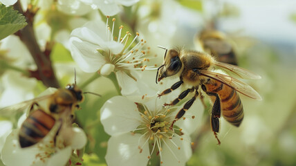 Wall Mural - Honeybees on white blossoms