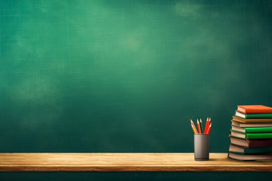 classroom chalkboard with books and pencils