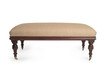 Upholstered Walnut Bench with Natural Tan Linen Fabric isolated on white background 