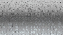 Polished Tiles Arranged To Create A 3D Wall. Diamond Shaped, Luxurious Background Formed From Silver Blocks. 3D Render