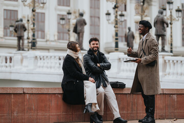 Wall Mural - Three young people conducting a business meeting outdoors in an urban setting, encapsulating remote working and teamwork amid city architecture.