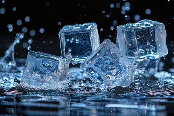 Poster - an exceptional detailed capture of ice cubes tumbling and splashing into a water surface