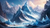 Fototapeta  - Majestic mountain landscape with translucent crystal formations under a serene sky, creating a fantastical and ethereal environment. AI Generation