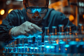 Poster - A focused scientist in blue lab coat examines liquid in test tubes amid glowing blue lights, signifying research and science