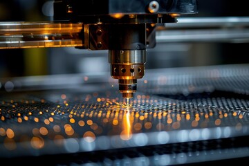 Poster - Intricate laser cutting machinery in action with metal sparks, indicative of industrial prowess