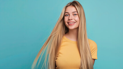 Wall Mural - Portrait of happy blonde slim woman with long straight hair isolated on pastel background