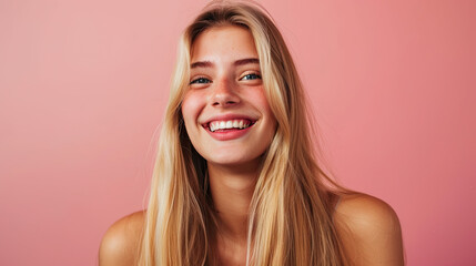 Wall Mural - Portrait of happy blonde slim woman with long straight hair isolated on pastel background