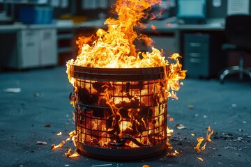 Poster - A striking image showing the intensity of fire contained within a metal wire basket against a blurred background