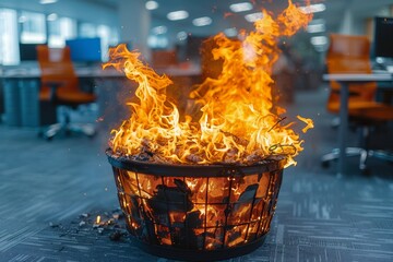 Poster - The image captures the dramatic contrast of a wild fire erupting from a simple waste bin within an office environment