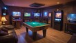 A cozy home gaming room outfitted with billiards, multiple screens, and vibrant game art on walls. AI Generation