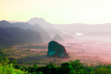 Poster - Beautiful mountain view and morning mist of Phu Langka National Park in Phayao Province.