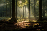 Fototapeta Las - A tranquil forest scene with sunlight filtering through the trees