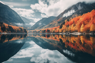 A serene mountain lake reflecting autumn foliage