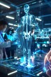 Futuristic digital medical concept with a holographic human body model and technological elements, business people using a tablet to analyze data in an office background in the style of various artist