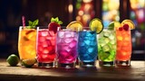Fototapeta Boho - A detailed close-up of a row of colorful drinks placed on a wooden table, showcasing the vibrant colors and textures of each drink. The image should capture the realism of the beverages, including det