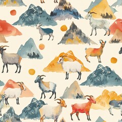 Poster - Playful watercolor goats, seamless mountain pattern, quirky and high-spirited. Seamless pattern, Fabric Pattern, Tumbler Wrap, Mug Wrap.