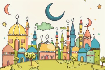 Ramadan Kareem, Eid Mubarak Al Fitr, Islamic holiday illustration, Arabic architecture, mosque