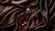© lililia - a men's perfume with a top-down photograph of the bottle resting on a luxurious dark brown silk fabric, capturing the essence of elegance and refinement in high resolution.