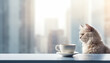 Fluffy cat on windowsill next to cup of tea looking out window