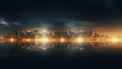 Wall Mural - Night city across the river in the dark lit up