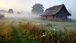 Misty meadow thatched cottage