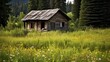 Weathered cottage amid meadow