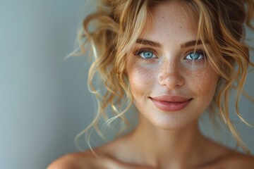 Wall Mural - Close-up of a joyful young woman with freckles and blue eyes looking at the camera