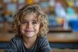 A close-up portrait of a happy young child featuring curly hair and a vibrant background