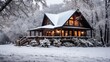 Snowy log cabin cozy winter