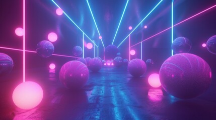 Poster - Neon orbs orbiting in a mesmerizing dance 3d style isolated flying objects memphis style 3d render   AI generated illustration