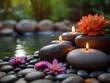 Banner spa stones in garden with candles and flowers for massage spa treatment ,aroma ,healthy wellness relax calm luxurious atmosphere with pampering and well-being healthy skin practices