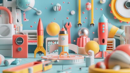 Poster - Playful toy tool sets in a futuristic workshop 3d style isolated flying objects memphis style 3d render   AI generated illustration