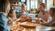 © lililia - a happy family bonding over pizza at home, with parents and daughter seated around the table in a modern living room, the TV providing background entertainment.