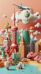 Poster - Quirky 3d illustrations of fantastical travel destinations 3d style isolated flying objects memphis style 3d render   AI generated illustration
