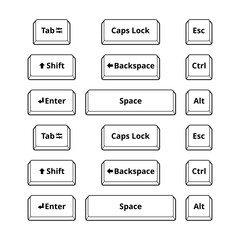 Ctrl, alt, esc, tab, spacebar, shift, enter, backspace, delete, caps lock keys on computer keyboard isolated vector. Keyboard buttons icon. Control, alternate, escape.