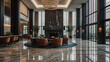 Modern chic hotel lobby featuring sleek marble floors, minimalist reception desk, and cozy seating pods arranged around a contemporary fireplace.